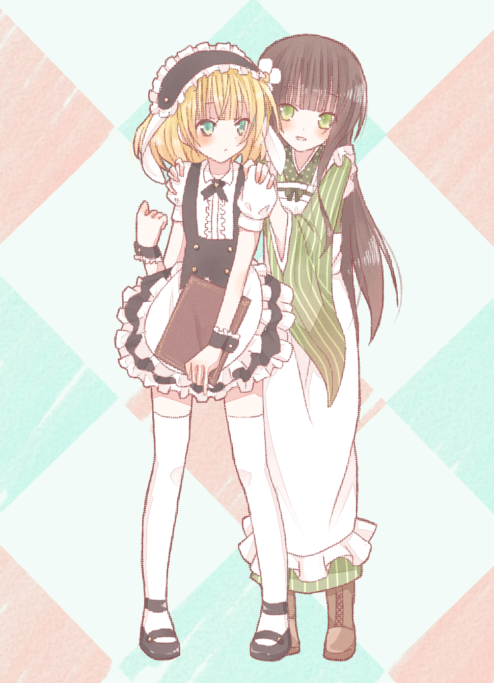 2girls, :d, ama_usa_an_uniform, animal_ears, apron, aqua_eyes, argyle, argyle_background, bangs, black_footwear, black_neckwear, black_skirt, blonde_hair, blunt_bangs, blush, bolo_tie, boots, brown_footwear, brown_hair, collared_shirt, commentary_request, eyebrows_visible_through_hair, fake_animal_ears, flat_chest, fleur_de_lapin_uniform, floppy_ears, flower, frilled_apron, frilled_cuffs, frilled_shirt, frilled_skirt, frills, full_body, gochuumon_wa_usagi_desu_ka?, green_eyes, green_kimono, hair_flower, hair_ornament, hand_on_another's_shoulder, highres, holding_menu, japanese_clothes, kimono, kirima_sharo, kneehighs, long_hair, long_sleeves, looking_at_another, maid_apron, maid_headdress, menu, multicolored, multicolored_background, multiple_girls, open_mouth, parted_lips, polka_dot_trim, puffy_short_sleeves, puffy_sleeves, rabbit_ears, reno_(re_leno), shirt, short_hair, short_sleeves, skirt, smile, standing, striped, thigh-highs, ujimatsu_chiya, underbust, vertical-striped_kimono, vertical_stripes, waist_apron, wavy_hair, white_apron, white_flower, white_legwear, white_shirt, wide_sleeves, wing_collar, wrist_cuffs, zettai_ryouiki