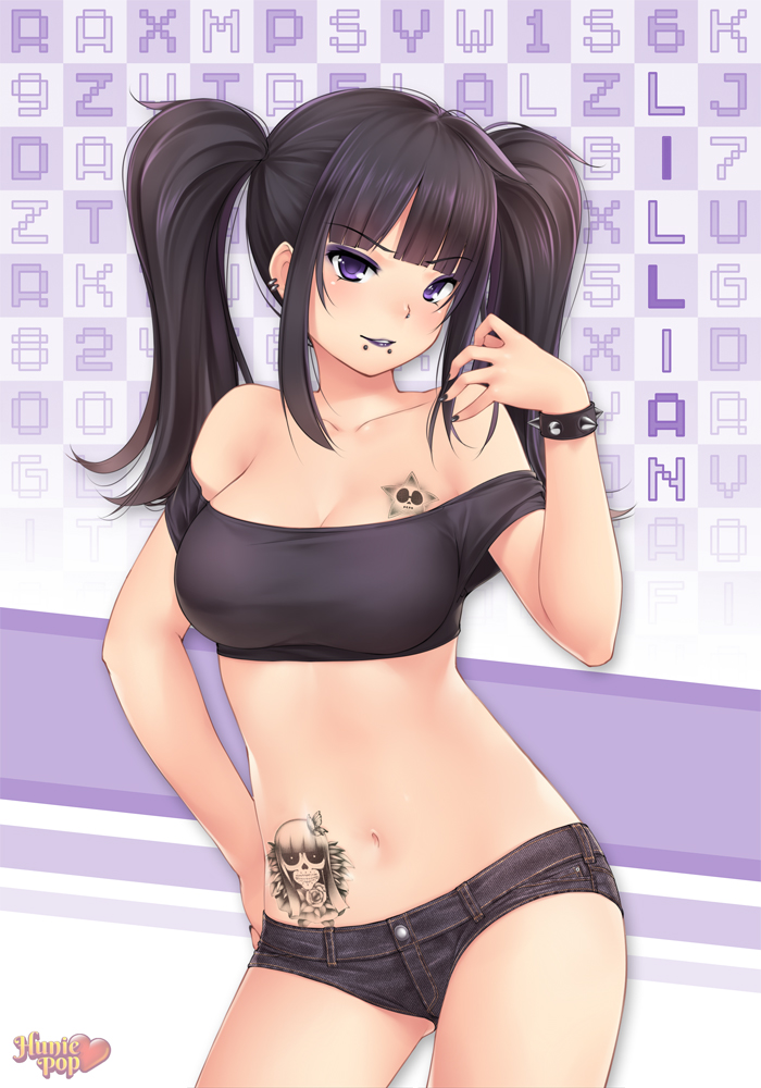 1girl, bangs, bare_shoulders, black_hair, breasts, cleavage, commentary, denim