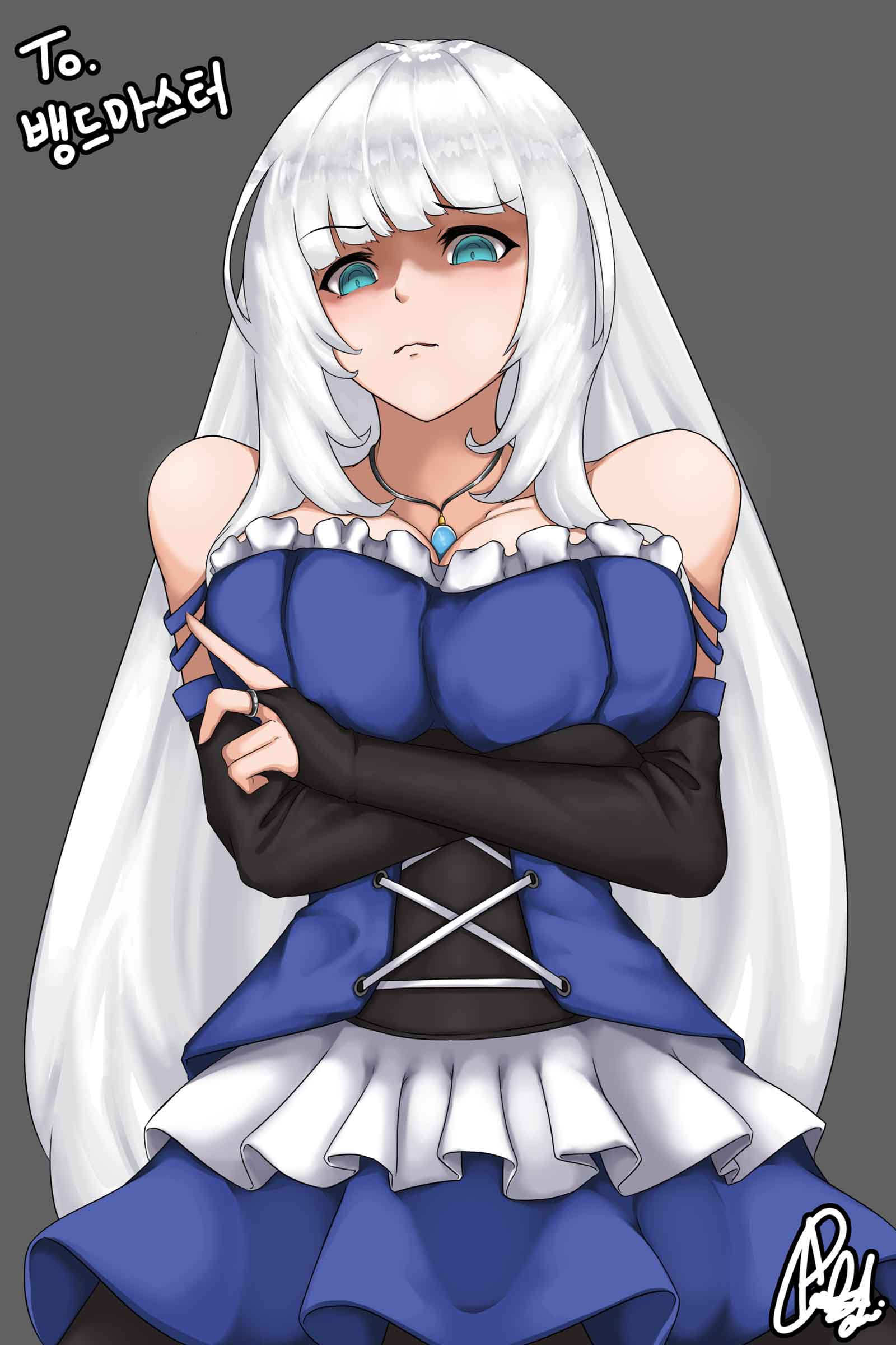 1girl, absurdres, angry, apj, bangs, bare_shoulders, biting, blue_dress