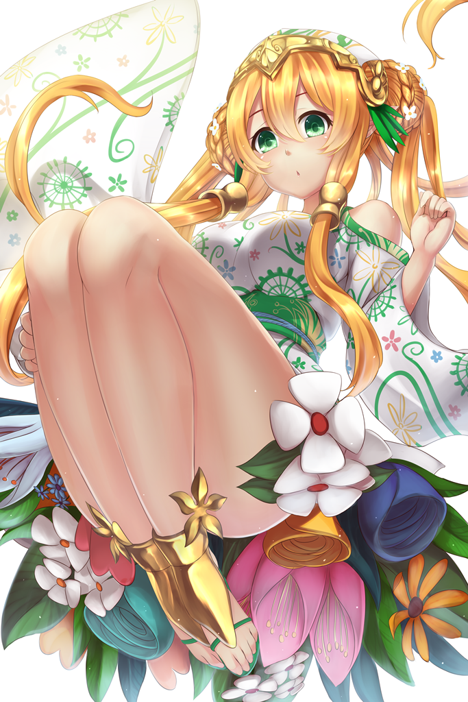 1girl, bandanna, bare_shoulders, blonde_hair, braid, breasts, double_bun, flower