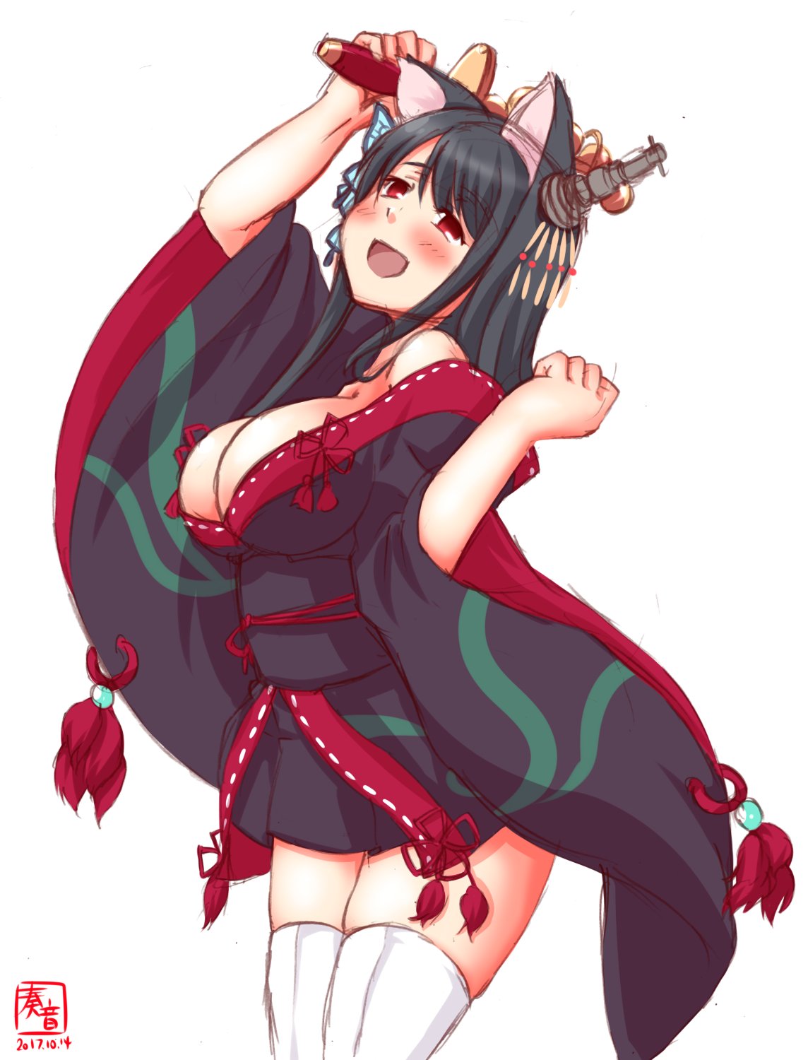 1girl, animal_ears, azur_lane, black_hair, black_kimono, blush, breasts, butterfly_hair_ornament, cat_ears, cleavage, cosplay, cowboy_shot, dated, fusou_(azur_lane), fusou_(azur_lane)_(cosplay), fusou_(kantai_collection), hair_ornament, highres, japanese_clothes, kanon_(kurogane_knights), kantai_collection, kimono, large_breasts, logo, long_hair, looking_at_viewer, open_mouth, red_eyes, simple_background, smile, solo, thigh-highs, white_background, white_legwear