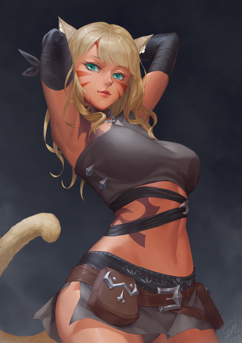 1girl, 2017, animal_ears, aqua_eyes, armpits, arms_behind_head, black_background, black_light