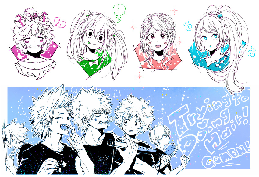 4girls, 5boys, alternate_hairstyle, amajiki_tamaki, anger_vein, angry, ashido_mina, asui_tsuyu