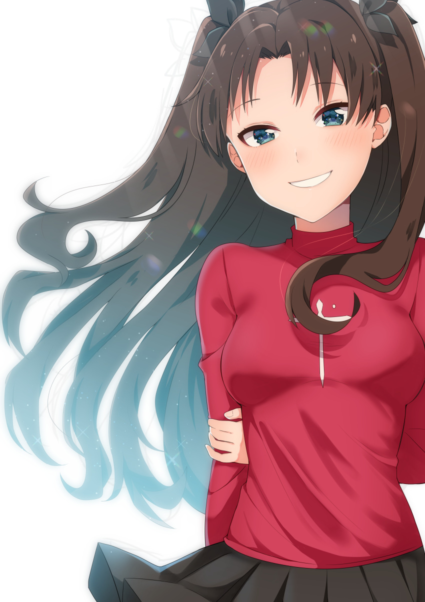 1girl, absurdres, black_hair, black_skirt, blue_eyes, fate/stay_night, fate_(series), hair_ribbon