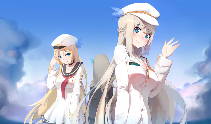 3girls, aiguillette, black_bra, blazer, blue_eyes, blue_feathers, blush, bra, bra_peek, braid, clouds, dress, epaulettes, feathers, formal, hair_feathers, hair_ornament, hairclip, hat, highres, jacket, lexington_(zhan_jian_shao_nyu), long_hair, looking_at_viewer, military, military_uniform, multiple_girls, outdoors, peaked_cap, platinum_blonde, sailor_dress, saratoga_(zhan_jian_shao_nyu), short_dress, skirt, skirt_suit, sky, smile, suit, underwear, uniform, upper_body, uss_lexington_(cv-16)(y.ssanoha), very_long_hair, waving, white_jacket, white_skirt, ze_(wzfnn001), zhan_jian_shao_nyu