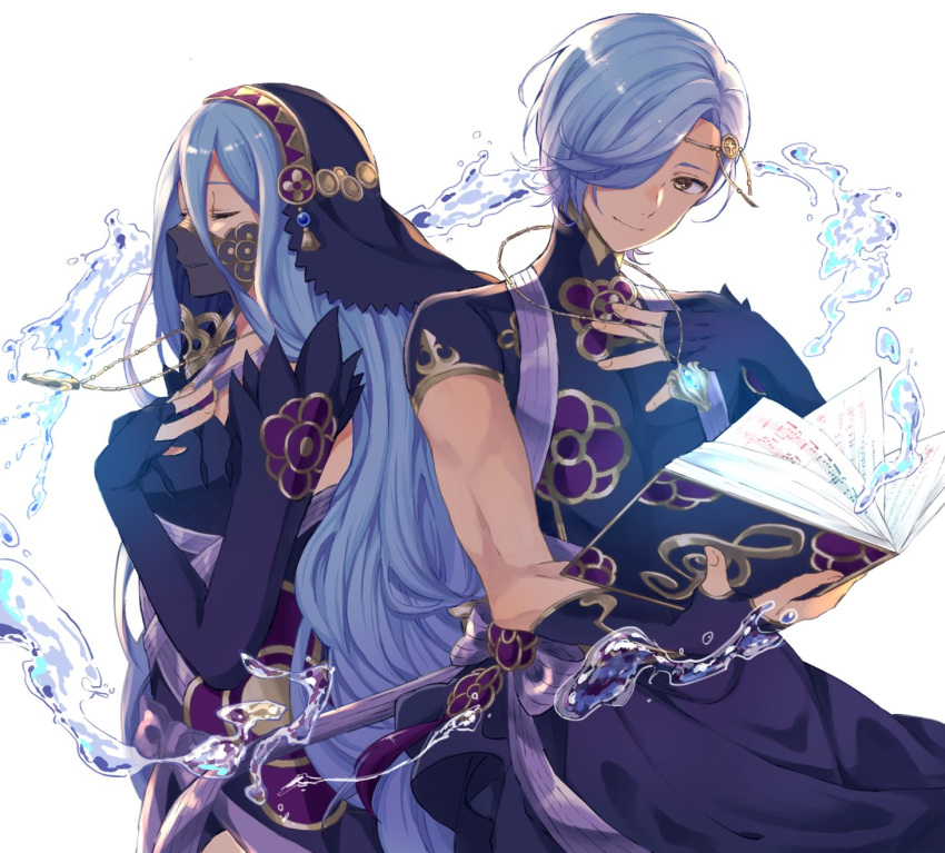1boy, 1girl, alternate_costume, aomeeso, aqua_(fire_emblem_if), blue_hair, closed_eyes, fire_emblem