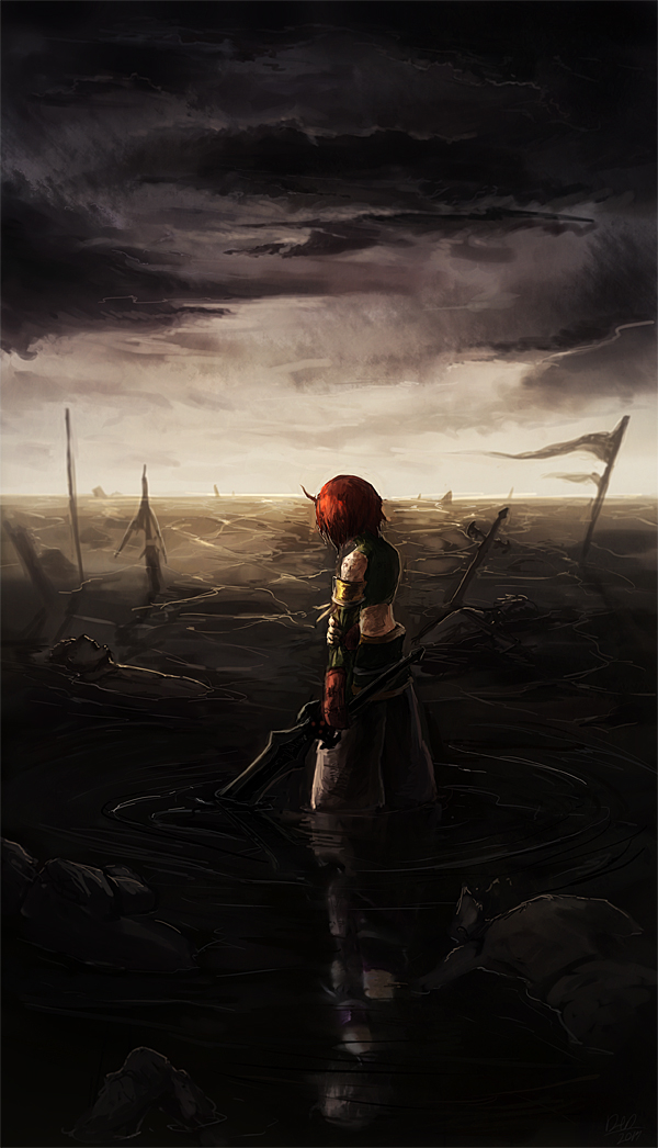 1girl, ahoge, battlefield, bikini_top, breasts, dark_sky, from_behind, redhead, revya_(female), short_hair, solo, soul_cradle, torihasiden