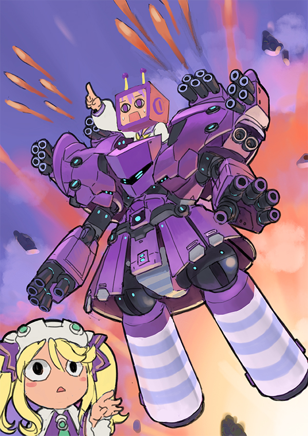 >_<, 2girls, blonde_hair, blush_stickers, closed_eyes, commentary, gundam, gundam_unicorn