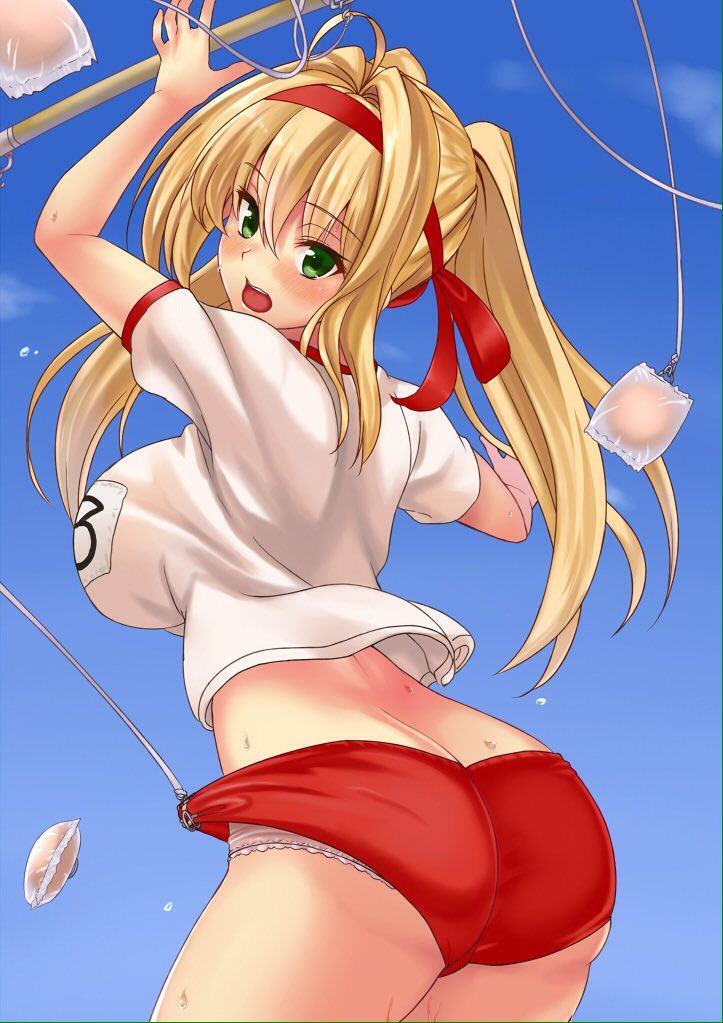 1girl, ahoge, arms_up, ass, back, bangs, blonde_hair, blue_sky, blush, bread, bread_eating_race, breasts, buruma, buruma_pull, butt_crack, commentary_request, fate/extra, fate/grand_order, fate_(series), flying_sweatdrops, food, green_eyes, gym_shirt, hair_intakes, headband, hips, large_breasts, long_hair, looking_back, name_tag, open_mouth, outdoors, panties, red_bloomers, red_headband, saber_extra, sengoku_aky, shirt, sky, solo, string, sweat, thighs, twintails, underwear, waist, white_panties