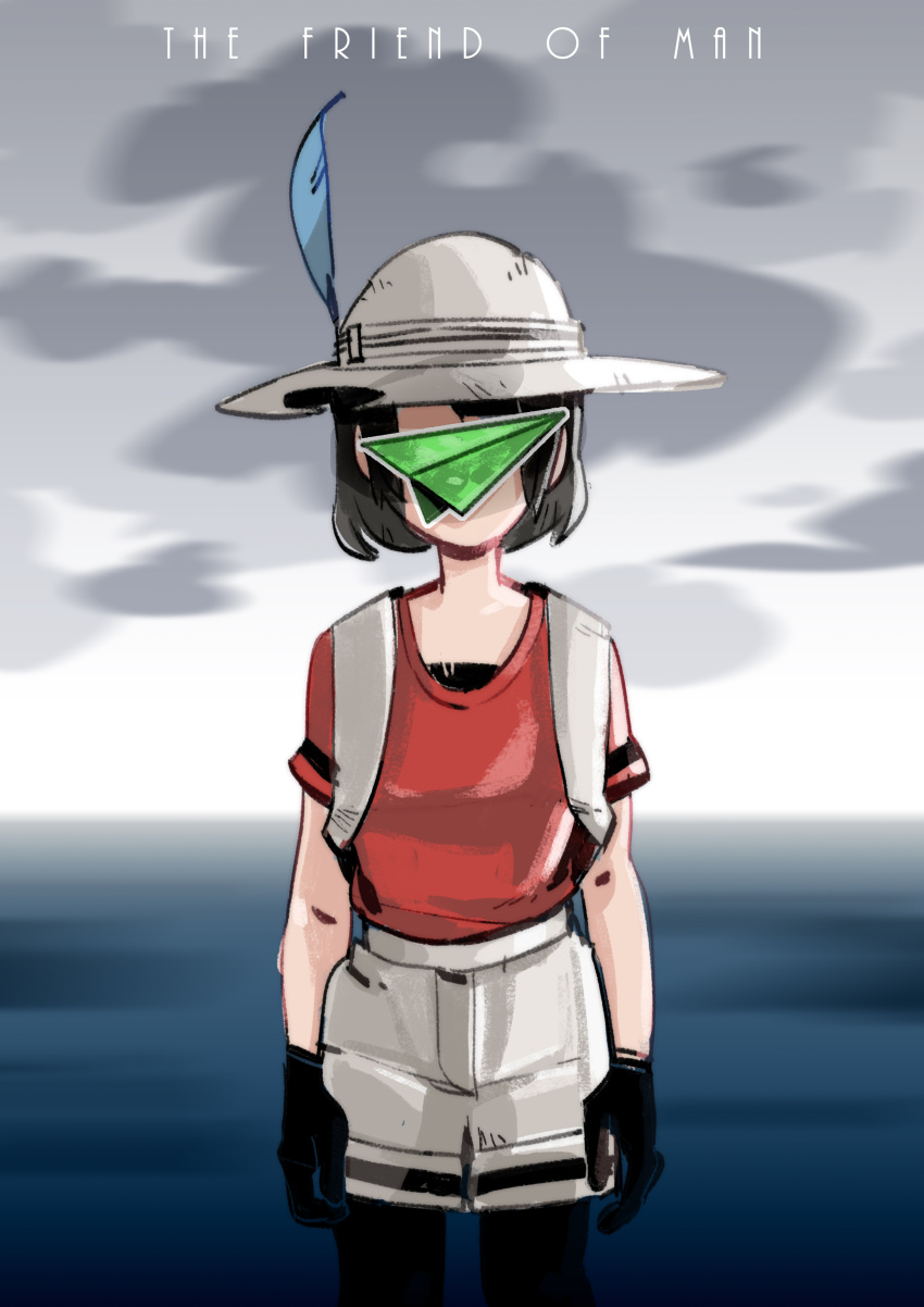 1girl, absurdres, backpack, bag, black_gloves, black_hair, black_legwear, blurry, blurry_background, bucket_hat, clouds, cloudy_sky, commentary, covered_face, cowboy_shot, day, depth_of_field, english, facing_viewer, fine_art_parody, gloves, grey_shorts, hat, hat_feather, highres, horizon, jiuzhua-rio, kaban_(kemono_friends), kemono_friends, le_fils_de_l'homme, ocean, outdoors, pantyhose, paper_airplane, parody, red_shirt, shirt, short_hair, shorts, sky, solo, standing, title_parody