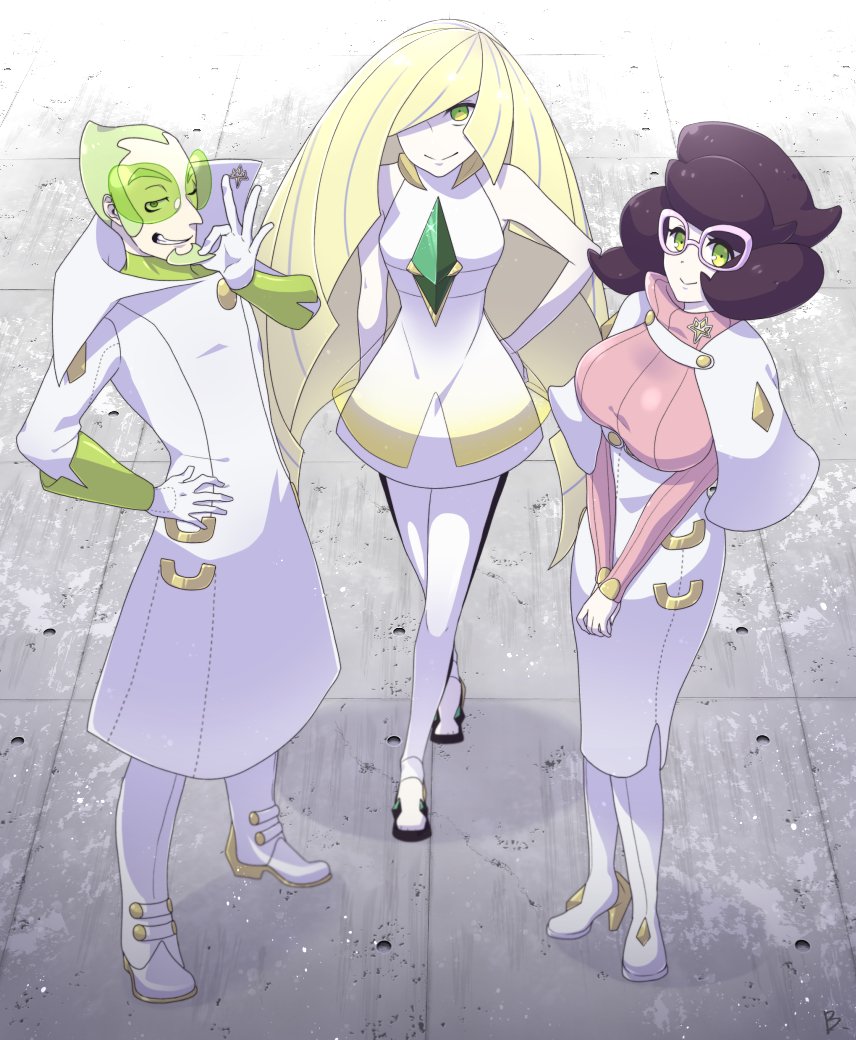 1boy, 2girls, bataabiiru, beard, blonde_hair, dress, facial_hair, glasses