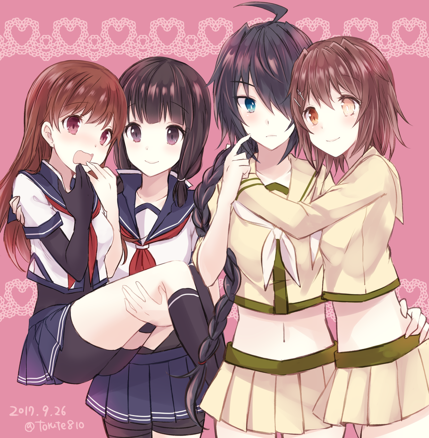 4girls, ahoge, bangs, bikini_top, black_gloves, black_hair, black_legwear, black_shorts, blue_eyes, blue_skirt, blunt_bangs, blush, braid, brown_eyes, brown_hair, carrying, closed_mouth, cosplay, cowboy_shot, dated, double_bun, elbow_gloves, eyebrows_visible_through_hair, furutaka_(kantai_collection), furutaka_(kantai_collection)_(cosplay), gloves, hair_ornament, hair_over_one_eye, hairclip, heart, heterochromia, hug, kabocha_torute, kako_(kantai_collection), kako_(kantai_collection)_(cosplay), kantai_collection, kitakami_(kantai_collection), kitakami_(kantai_collection)_(cosplay), kneehighs, long_hair, long_sleeves, looking_at_viewer, midriff, miniskirt, multiple_girls, navel, neckerchief, nose_blush, ooi_(kantai_collection), ooi_(kantai_collection)_(cosplay), open_mouth, pink_background, pink_eyes, pleated_skirt, princess_carry, red_neckwear, school_uniform, scratching_cheek, serafuku, shirt, short_hair, shorts, shorts_under_skirt, sidelocks, single_braid, single_elbow_glove, single_glove, skirt, smile, standing, tareme, very_long_hair, violet_eyes, white_neckwear, white_shirt, yellow_eyes, yellow_shirt, yellow_skirt, yuri