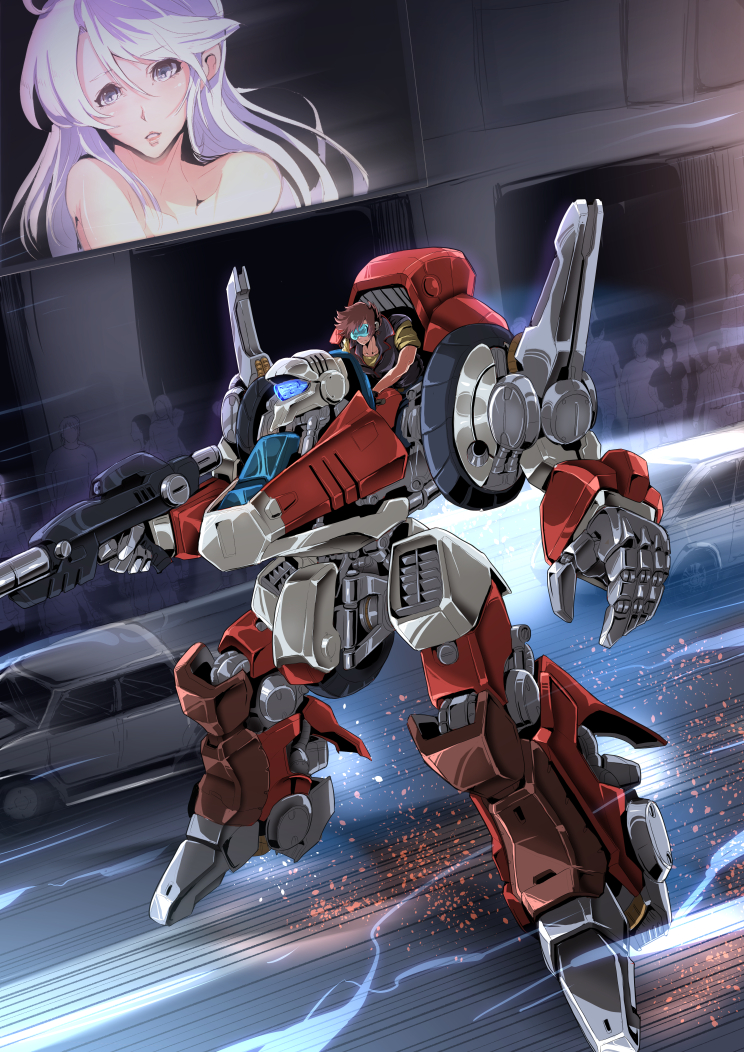 beam_rifle, billboard, car, commentary_request, crowd, cyberpunk, energy_gun, garland_(megazone_23)