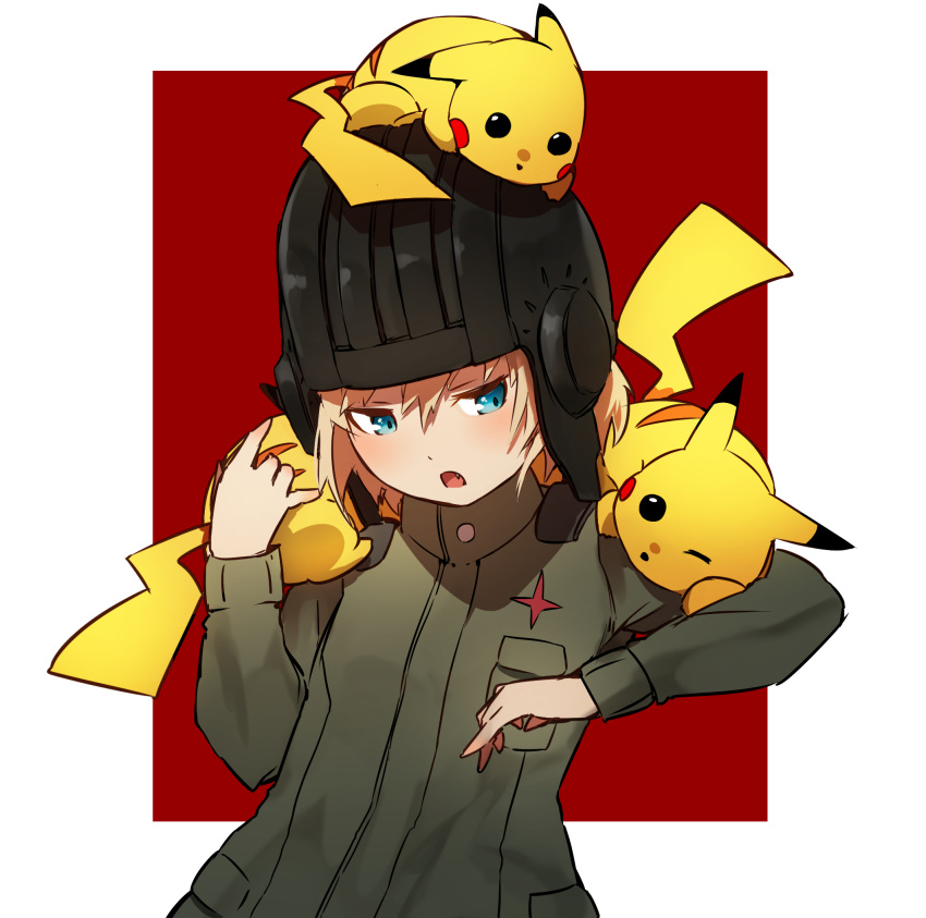 1girl, animal, animal_on_head, animal_on_shoulder, bangs, blonde_hair, blue_eyes, commentary