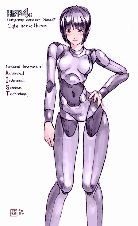 black_eyes, black_hair, blush, hand_on_hip, hrp-4c, kotatsu-spirit, original, robot_joints, short_hair, signature, simple_background, sketch, smile, wide_hips
