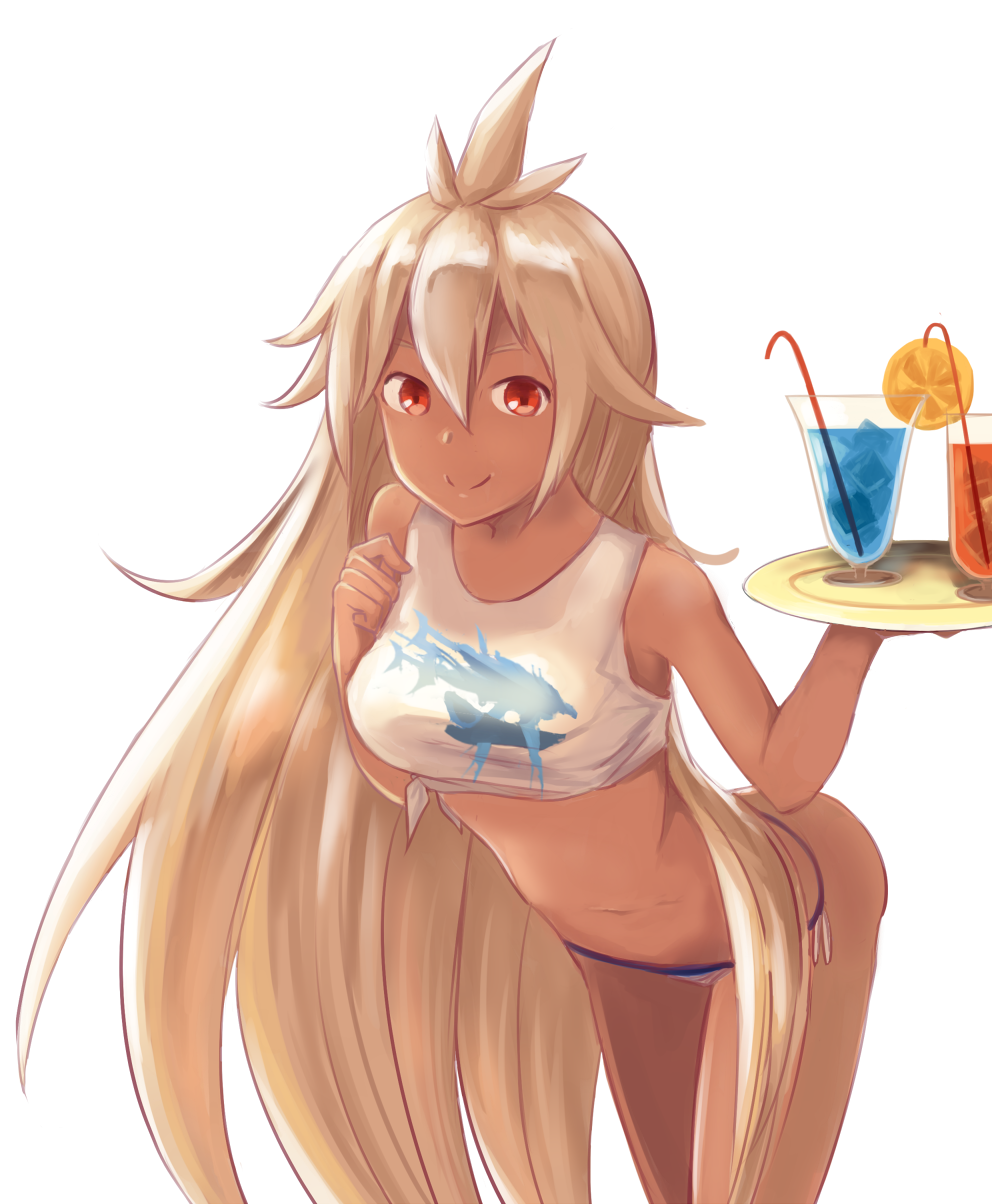 1girl, ahoge, breasts, cup, dark_skin, drinking_glass, granblue_fantasy, highres, lank_(lanclisser), leaning_forward, long_hair, looking_at_viewer, medium_breasts, midriff, red_eyes, shirt, smile, solo, standing, the_order_grande, tied_shirt, tray, very_long_hair, white_bikini_bottom, white_hair