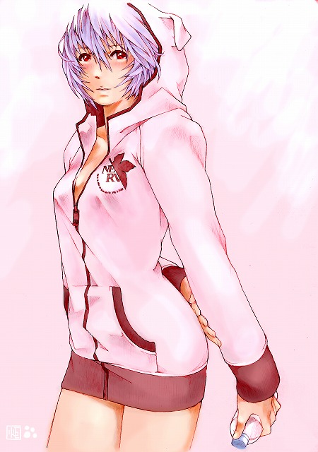 blue_hair, blush, bottle, bottomless, breasts, cleavage, hoodie, kotatsu-spirit