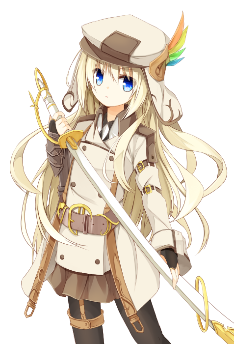 1girl, bangs, beige_hat, beige_jacket, black_gloves, black_legwear, blonde_hair, blue_eyes