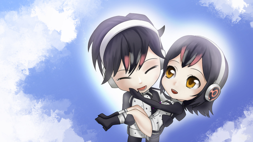1boy, 1girl, black_hair, brown_eyes, carrying, chibi, closed_eyes, clouds