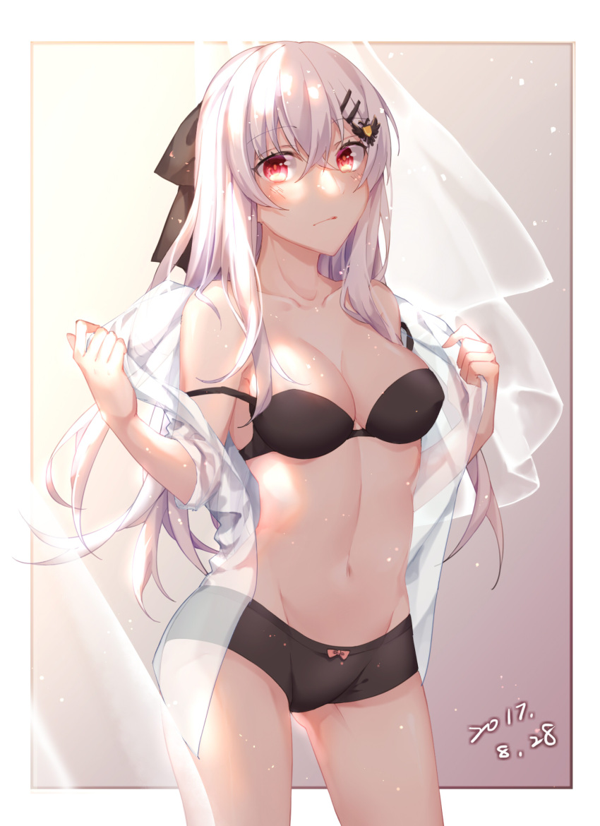 1girl, albino, arms_up, artist_request, bangs, bare_shoulders, black_bra, black_panties