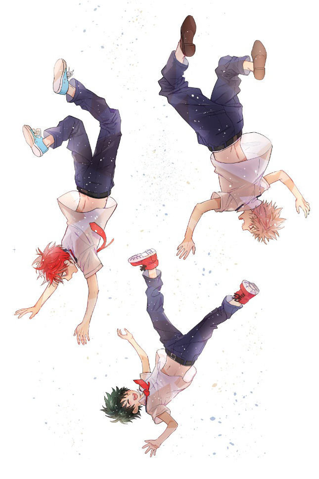 3boys, bakugou_katsuki, blonde_hair, blue_eyes, boku_no_hero_academia, burn_scar, closed_eyes, falling