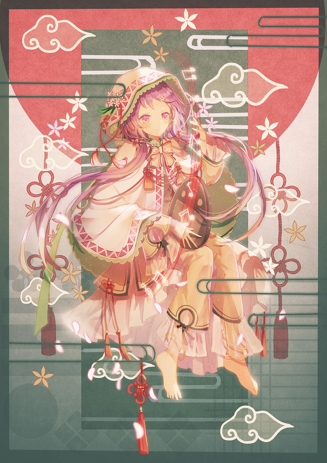 1girl, anklet, barefoot, biwa_lute, blue_eyes, blue_hair, bow, bowtie, cloud_print, clouds, floating, floral_print, flower, full_body, hibiscus_print, highres, instrument, jewelry, lute_(instrument), parka_cape, see-through, shawl, sitting, tagme, tan_clothing, tan_legwear, tassel, touhou, transparent_sleeves, tsukumo_benben, twintails, yasato