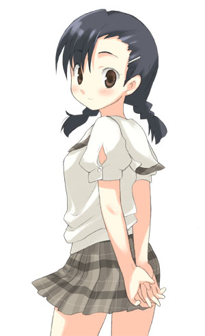 arms_behind, black_hair, korita, lowres, short_twintails, skirt, twintails