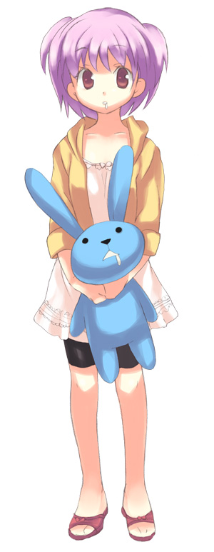 korita, purple_hair, short_hair, skirt, stuffed_animal, stuffed_toy, twintails