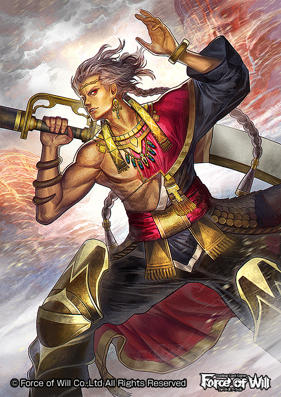 1boy, armor, armored_boots, boots, bracelet, braid, circlet, clouds, cloudy_sky, copyright_name, earrings, force_of_will, grey_hair, higurashi_nakaba, jewelry, male_focus, necklace, official_art, red_eyes, sky, solo, sword, teeth, twin_braids, weapon