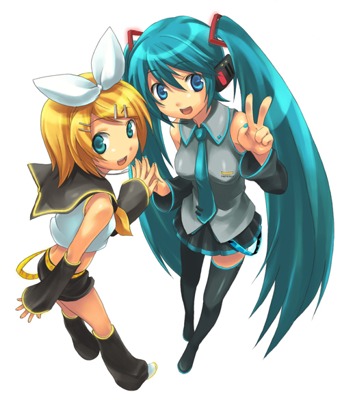 hair_ornament, hairclip, hatsune_miku, kagamine_rin, korita, necktie, thigh-highs, thighhighs