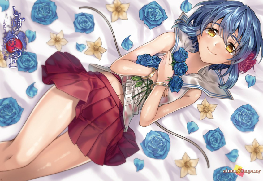 1girl, bangle, belly_peek, blue_hair, blue_rose, blush, bracelet, closed_mouth