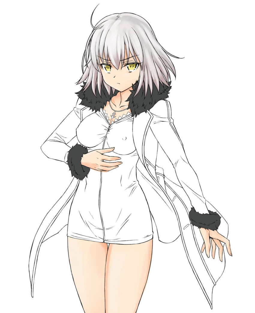 1girl, bonza, breasts, erect_nipples, fate/grand_order, fate_(series), fur_trim, highres, jacket, jeanne_alter, jewelry, looking_at_viewer, necklace, ruler_(fate/apocrypha), silver_hair, simple_background, solo, white_background, yellow_eyes