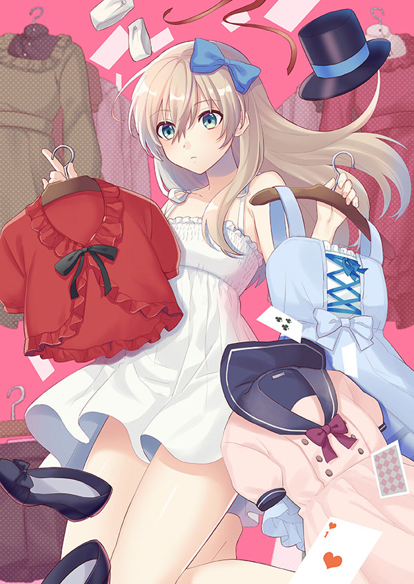 1girl, alice_(wonderland), alice_in_wonderland, blonde_hair, blue_bow, blue_eyes, bow, clothes, clothes_hanger, dress, hair_between_eyes, hair_bow, hat, long_hair, nightgown, original, solo, sunsnny, top_hat