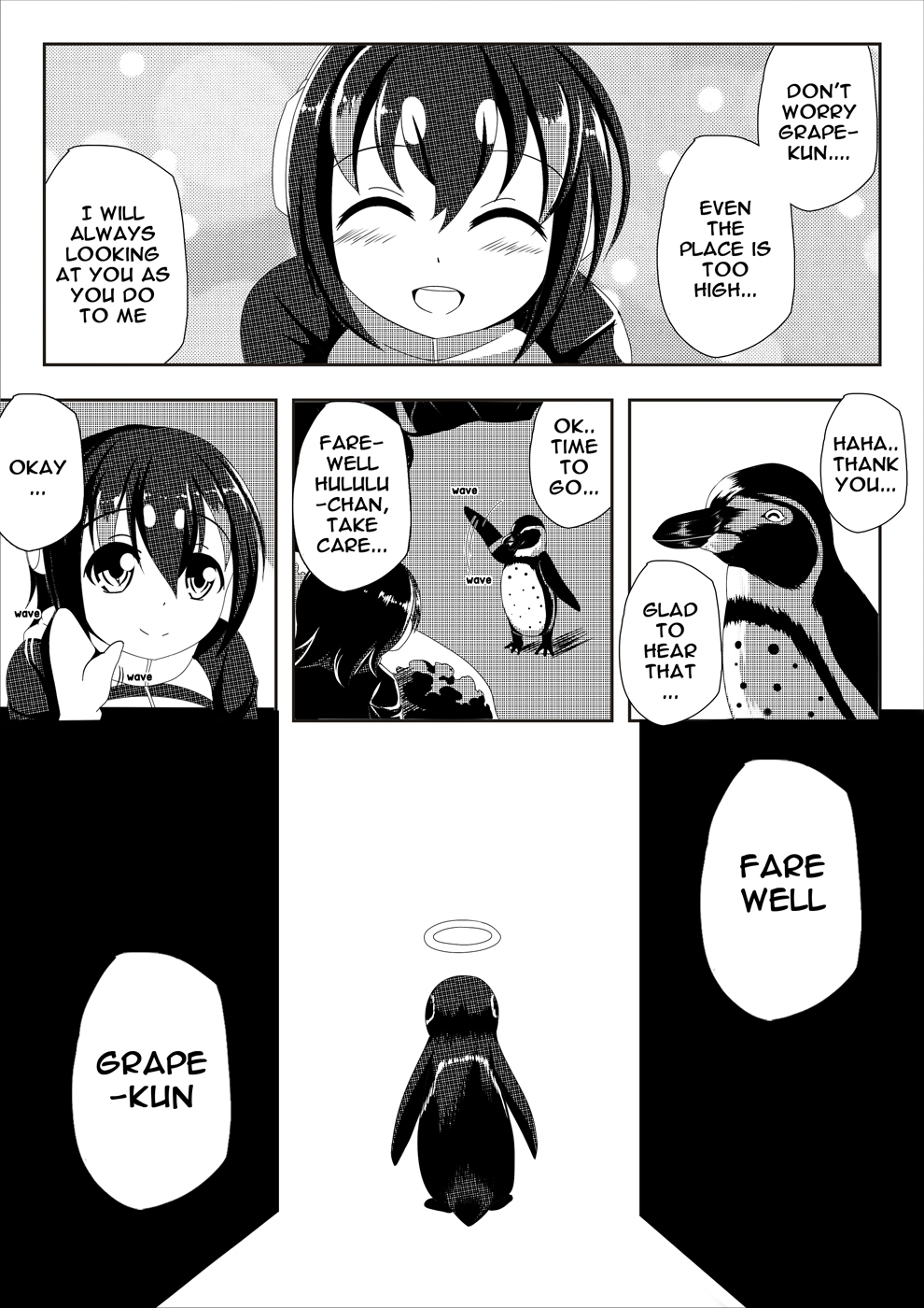 1boy, 1girl, bird, comic, english, engrish, good_end, goodbye