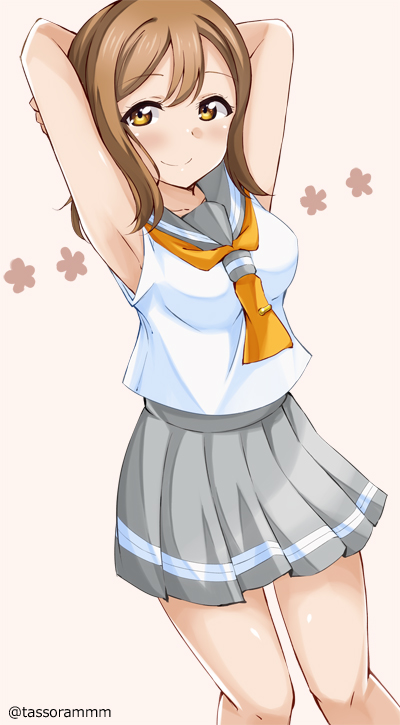 1girl, arms_behind_head, arms_up, blush, breasts, brown_background, brown_hair, closed_mouth