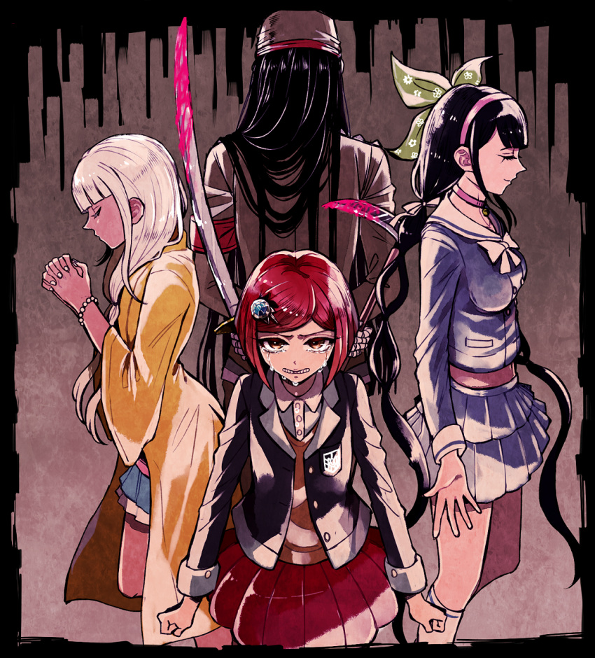 1boy, 3girls, armband, bandage, beads, black_hair, blood, bow