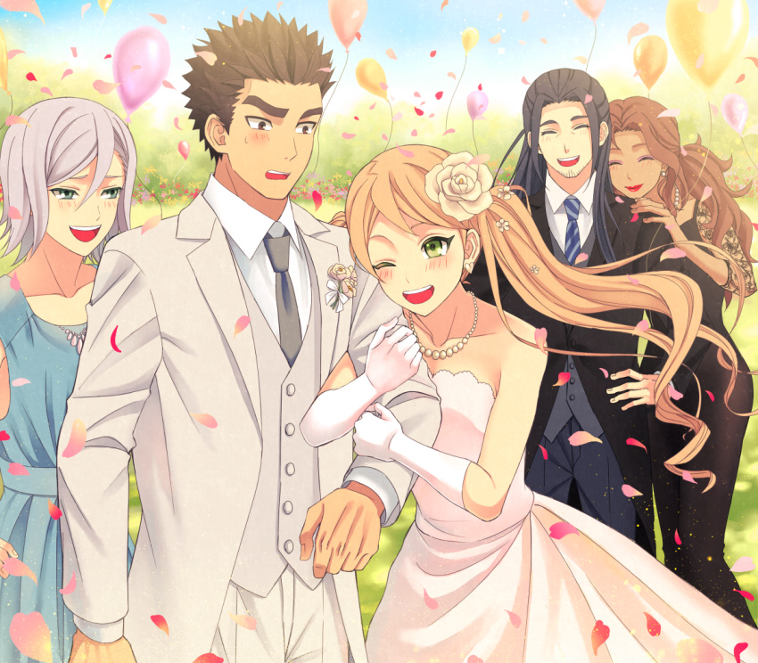 2boys, 3girls, :d, ;d, akihiro_altland, amida_arca, arm_grab, azee_gurumin