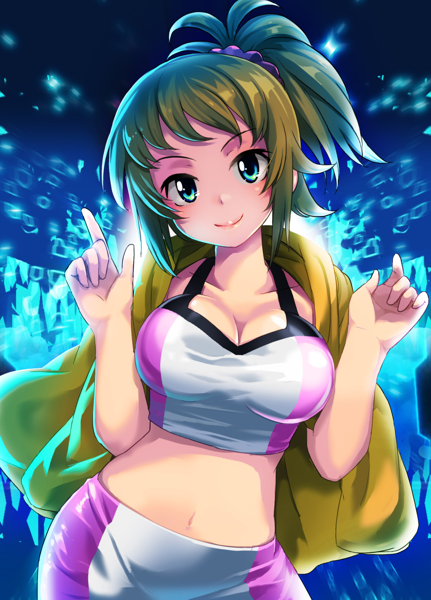 1girl, absurdres, blue_eyes, breasts, brown_hair, cleavage, collarbone, contrapposto, crop_top, gundam, gundam_build_fighters, gundam_build_fighters_try, hair_ornament, hair_scrunchie, head_tilt, high_ponytail, highres, hoshino_fumina, index_finger_raised, jacket, looking_at_viewer, medium_breasts, midriff, nansui, navel, scrunchie, short_hair, smile, solo, standing, stomach, upper_body, yellow_jacket