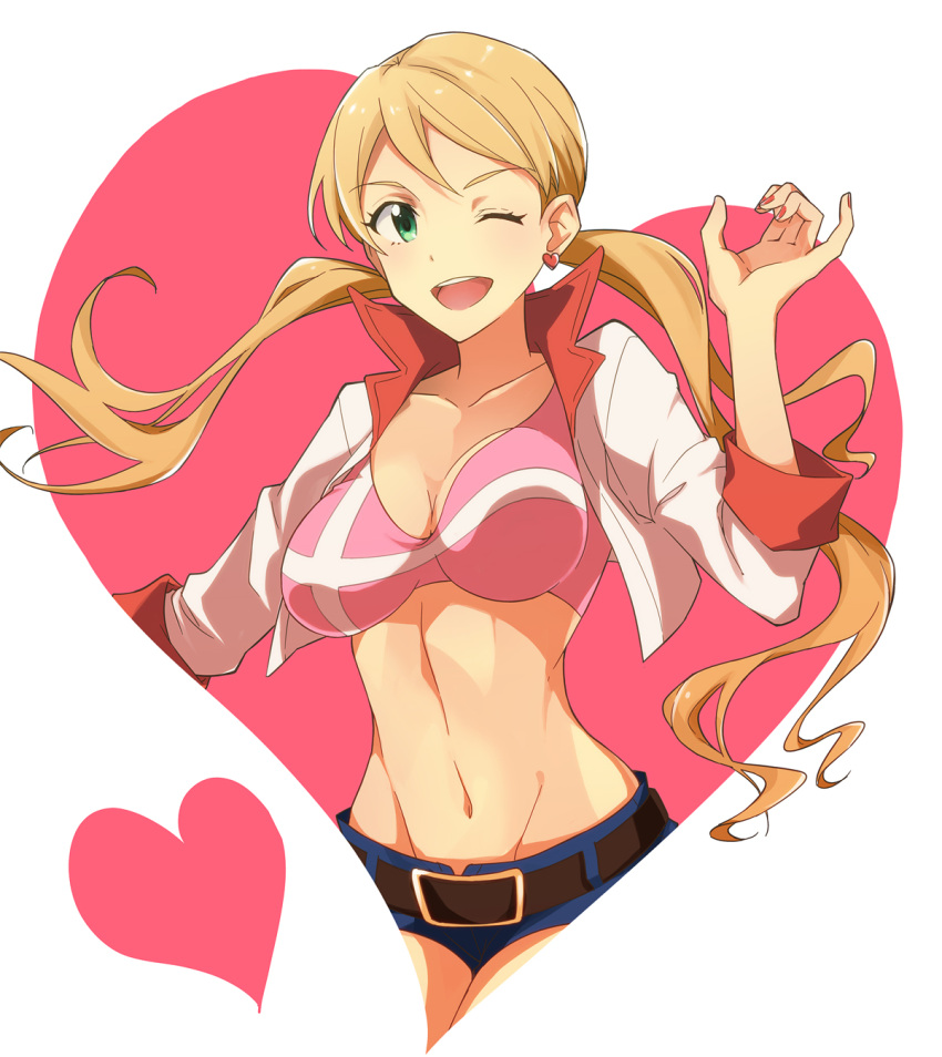 1girl, ;d, belt, blonde_hair, blue_shorts, bra, breasts, cleavage