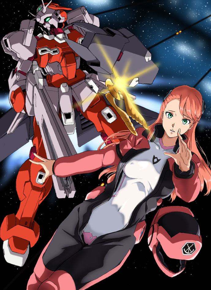 1girl, aida_rayhunton, bodysuit, erect_nipples, floating_hair, fugakuhyakkei, g-arcane, green_eyes