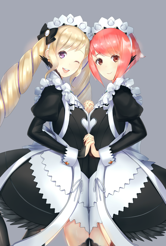 2girls, ;d, black_dress, black_legwear, blonde_hair, breast_press, dress, drill_hair