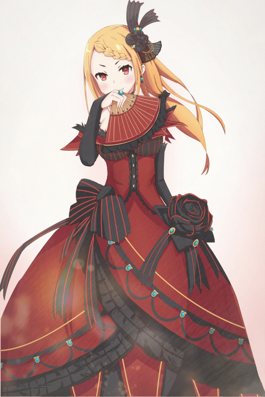 1girl, baka_(080127), black_flower, blonde_hair, blush, bow, breasts, bridal_gauntlets