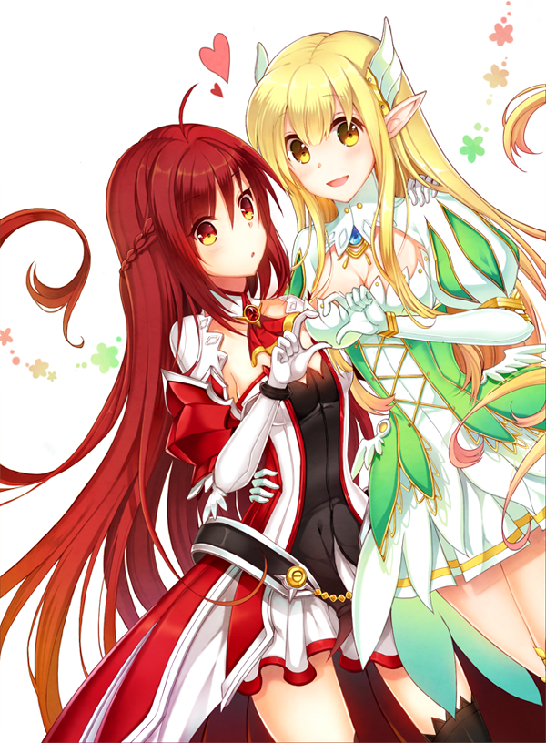 2girls, :d, black_legwear, blonde_hair, breasts, brown_eyes, choker, cleavage