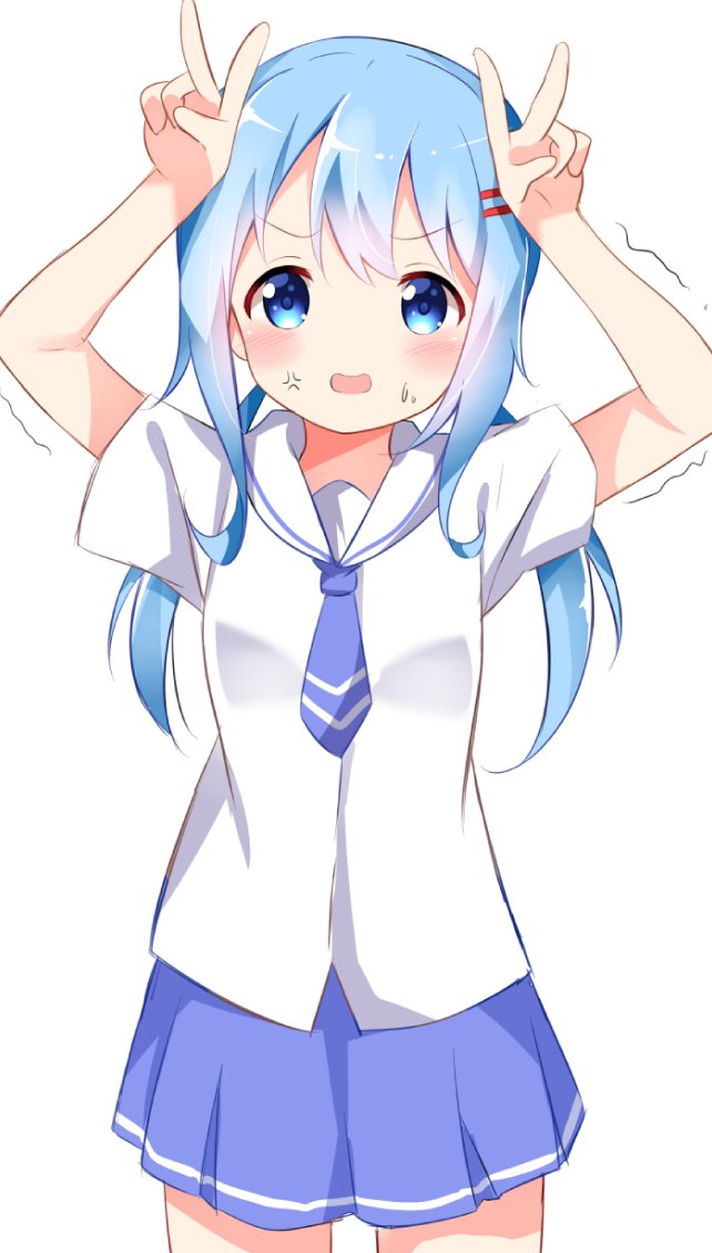 1girl, anger_vein, arms_up, bangs, blue_eyes, blue_hair, blue_neckwear, blue_skirt