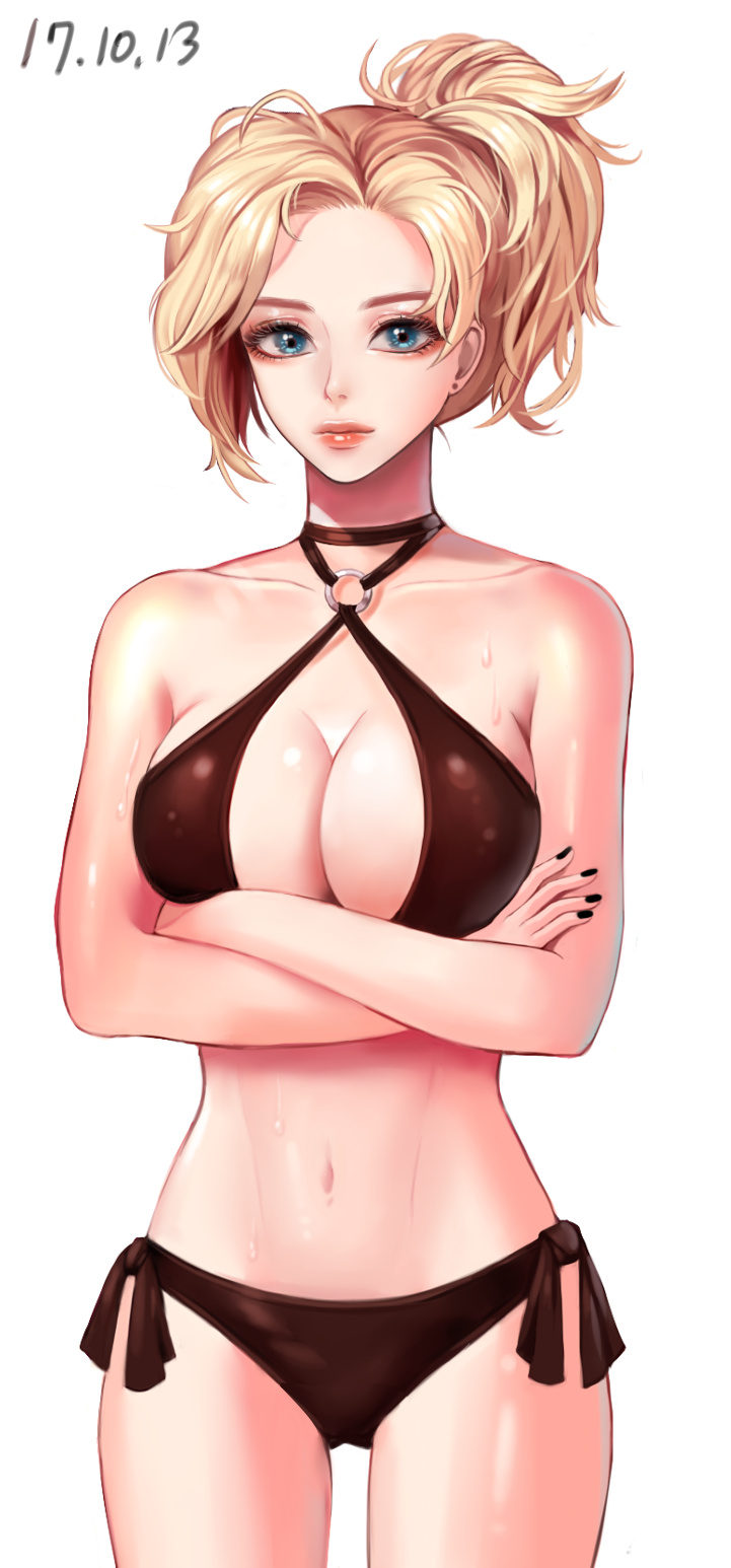 1girl, bikini, black_bikini, black_nails, blcackup, blonde_hair, blue_eyes, breasts
