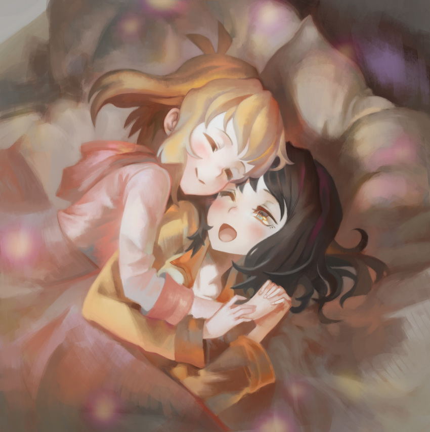 bed_sheet, black_hair, closed_eyes, hand_holding, highres, hug, hug_from_behind, interlocked_fingers