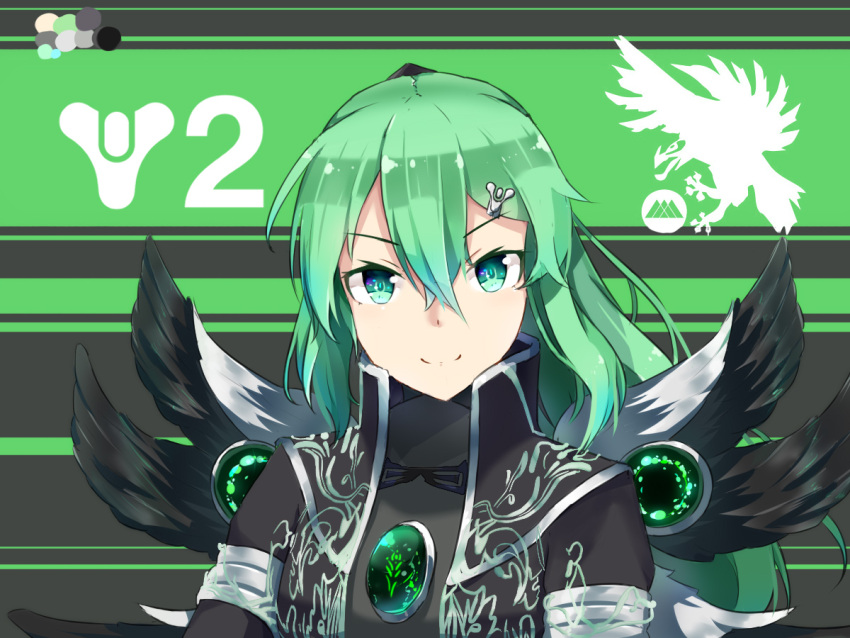 1girl, black_wings, crota, destiny_(game), green_eyes, green_hair, hair_ornament, kuroda_kuwa, long_hair, ponytail, tagme, warlock_(destiny), wings