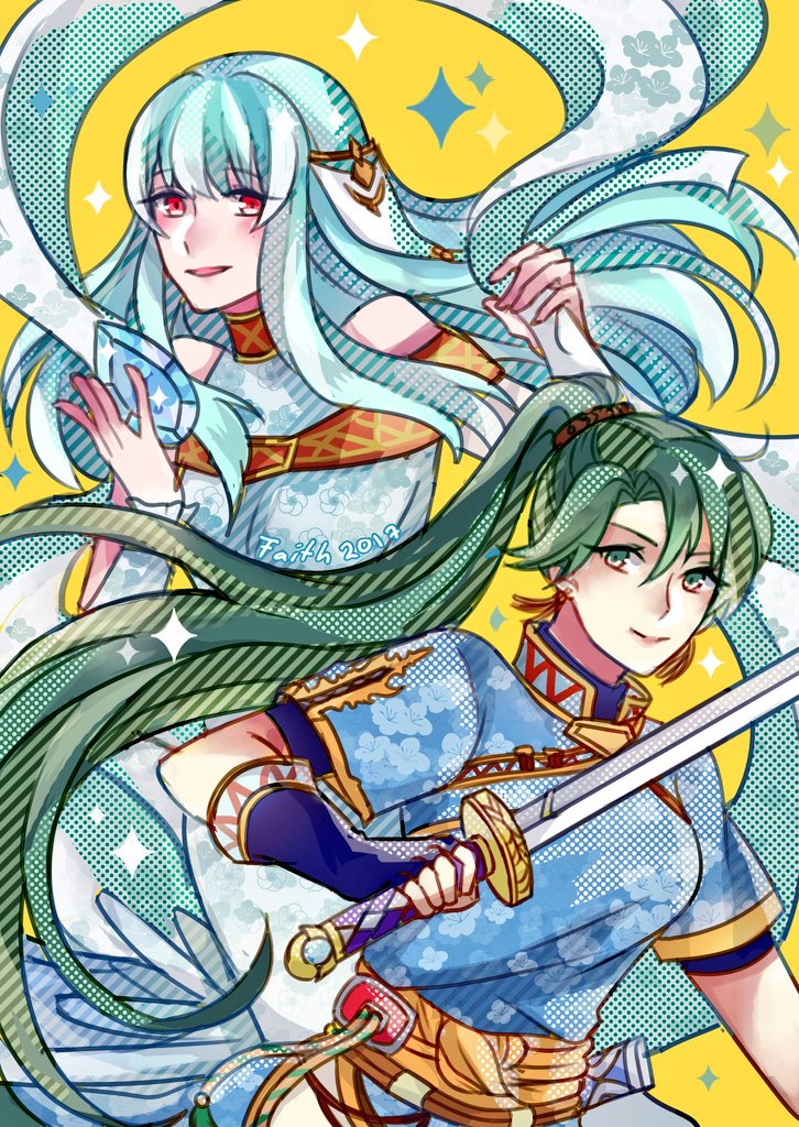 2girls, bare_shoulders, blue_hair, cape, dress, earrings, faithoala, fingerless_gloves