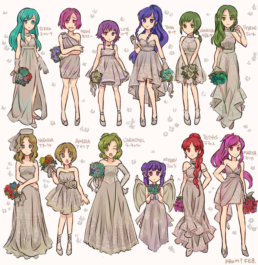 amelia_(fire_emblem), blue_eyes, blue_hair, blush, bouquet, bridal_veil, bride, dress