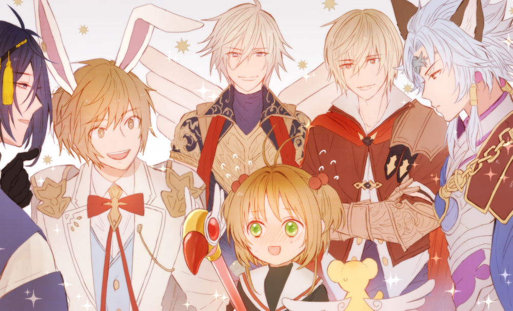 1girl, 5boys, albert_(shingeki_no_bahamut), animal_ears, armor, black_hair, blonde_hair, blue_eyes